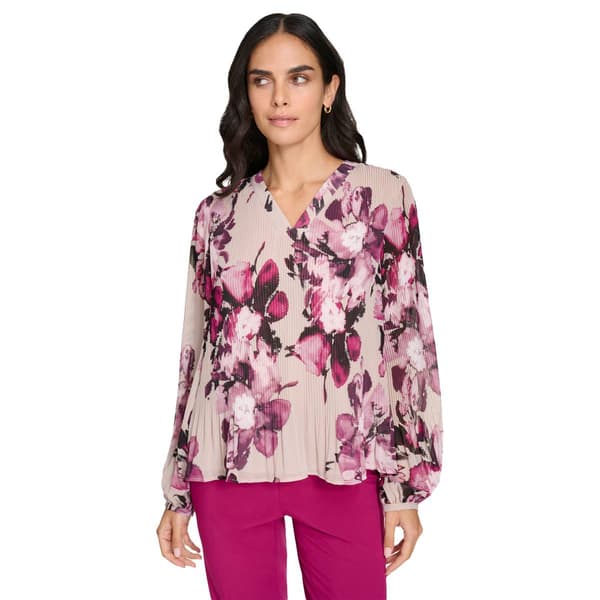 Womens Calvin Klein Long Sleeve Floral Pleated Blouse - image 