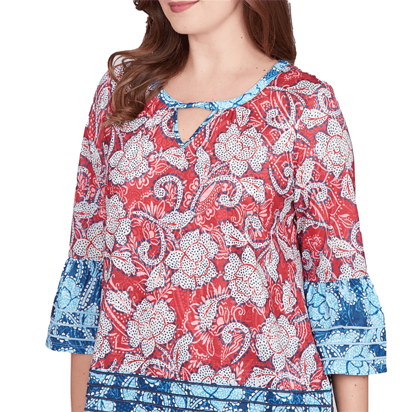 Womens Ruby Rd. Indigo Go Floral Paisley Flounce Sleeve Blouse