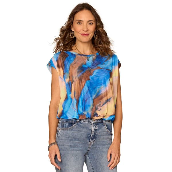 Womens Democracy Ext Cap Sleeve Bubble Hem Printed Knit Top
