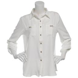 Plus Size Notations Long Sleeve Silky Solid Casual Button Down