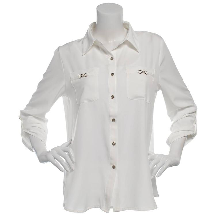 Plus Size Notations Long Sleeve Silky Solid Casual Button Down