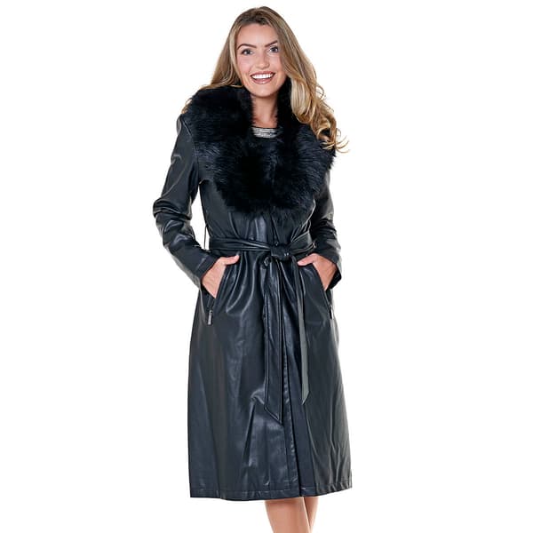 Womens Kenneth Cole Belted Faux Leather Trench Coat