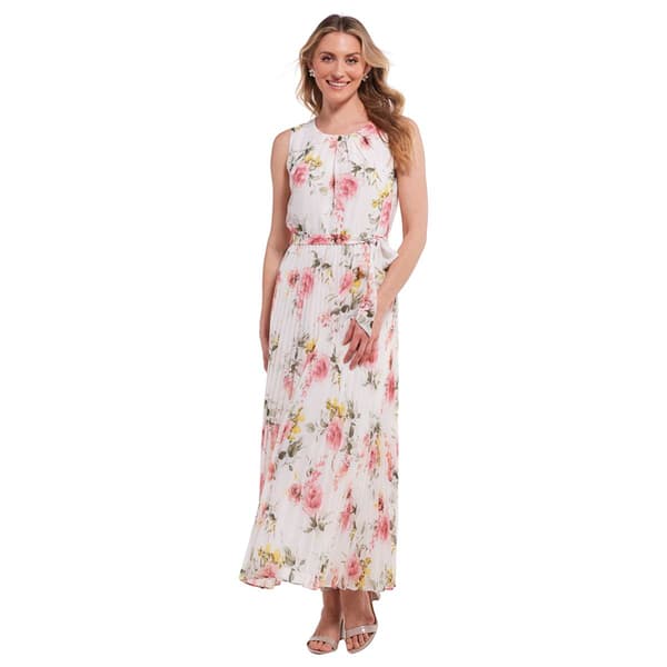 Womens Sandra Darren Sleeveless Print Pleated Chiffon Maxi Dress - image 