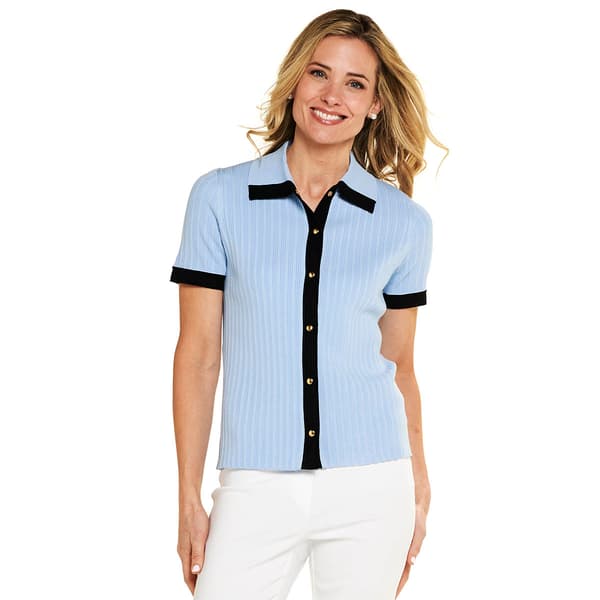 Petite Rio & Rian Short Sleeve Tipped Button Front Sweater - image 