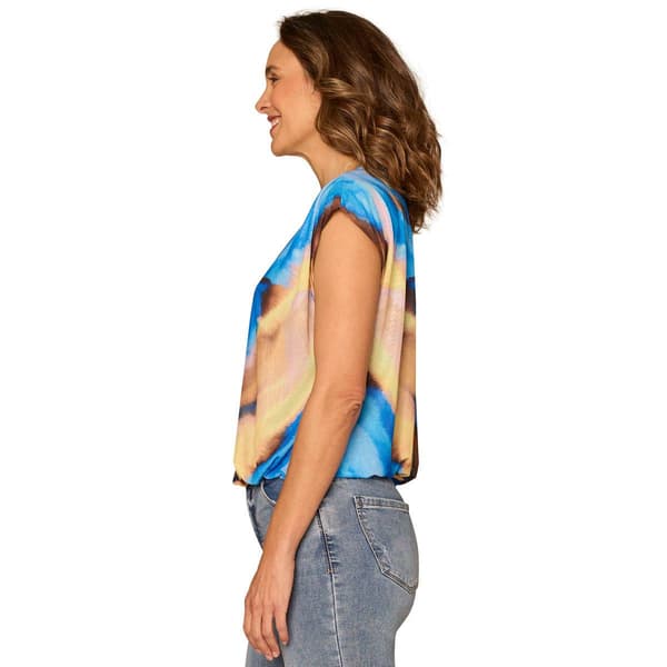 Womens Democracy Cap Sleeve Bubble Hem Abstract Blouse