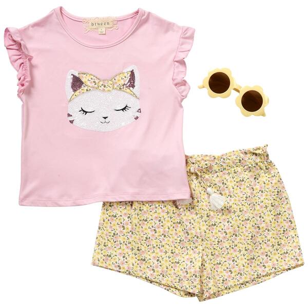 Girls &#40;4-6x&#41; BTween&#40;R&#41; 3pc. Kitty Top & Floral Shorts w/ Sunglasses - image 