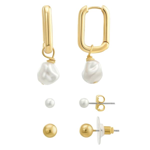 Roman 3pc. Gold-Tone Pearl Stud/Gold Stud/Pearl Dangle Earrings - image 