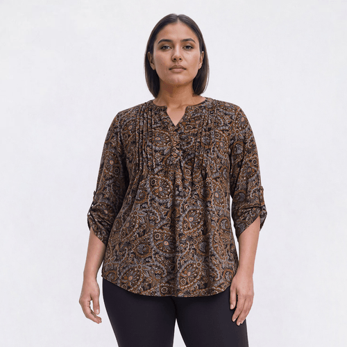 Plus Size Notations 3/4 Sleeve Split Neck Pleated Paisley Blouse - image 