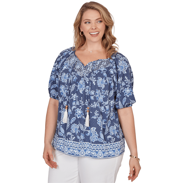 Plus Size Ruby Rd. French Riviera Clip Dot Tie Neck Blouse