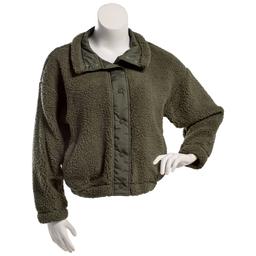Juniors Pink Rose Sherpa Snap Front Mock Neck Jacket- Olive