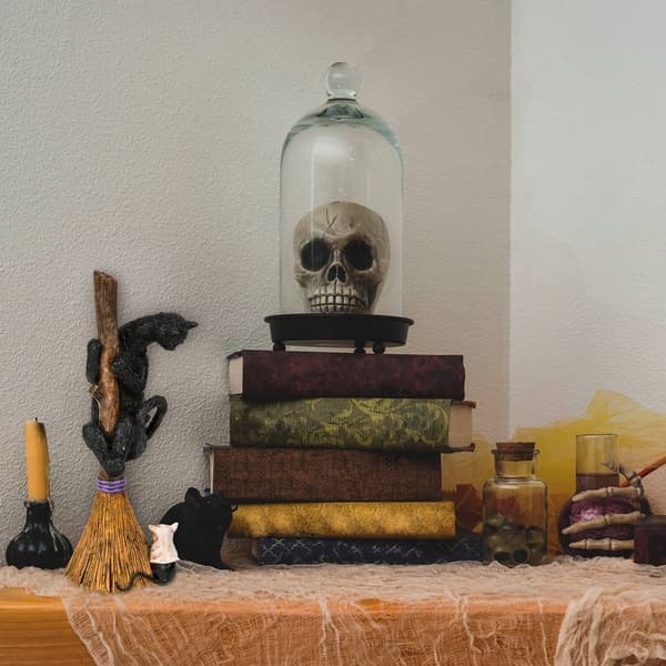 National Tree 13in. Halloween Black Cat Climbing Broom Figurine