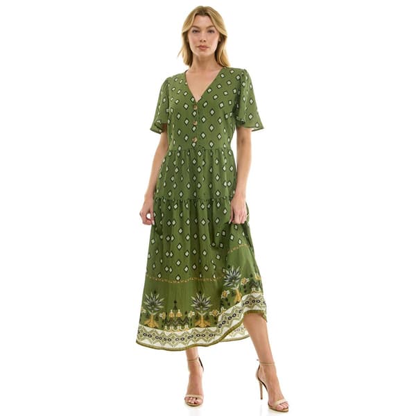 Womens Figueroa & Flower Short Sleeve Border Print V Neck Midi D