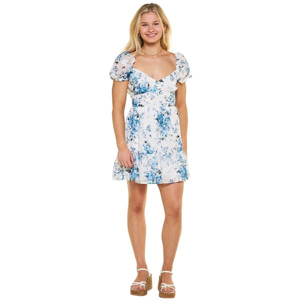 Juniors Emerald Sundae Puff Sleeve Floral Smock A-Line Dress - image 