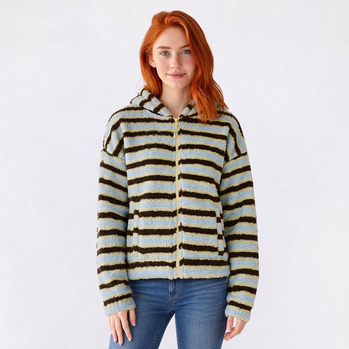 Juniors Derek Heart Striped Sherpa Control Waist Hooded Jacket