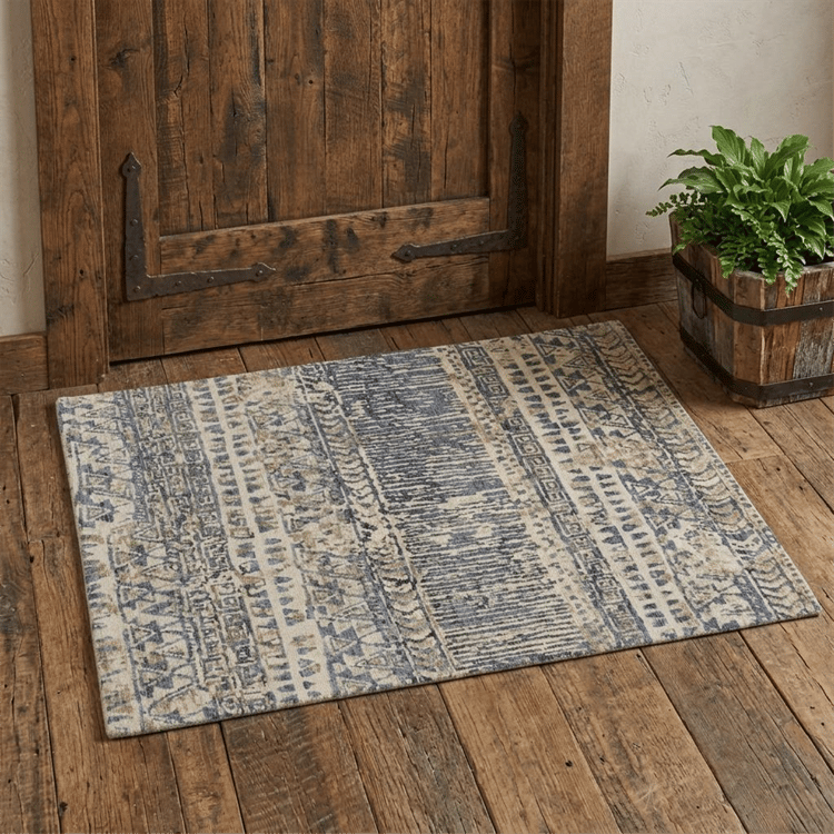 HomeRoots Tan Ivory & Blue Wool Geometric Hand Knotted Accent Rug