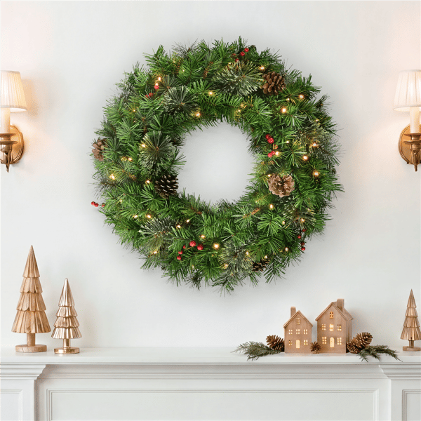 Puleo International 24in. Pre-Lit Pinecone& Berries Pine Wreath