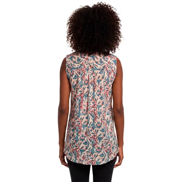 Womens Notations Sleeveless Floral Pleat Split Neck Blouse