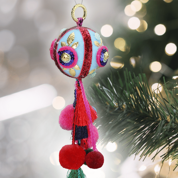 Northlight Blue & Red Ball with Pompoms Christmas Ornament