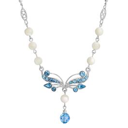 1928 Silver Tone Aqua & Mother Of Pearl Necklace