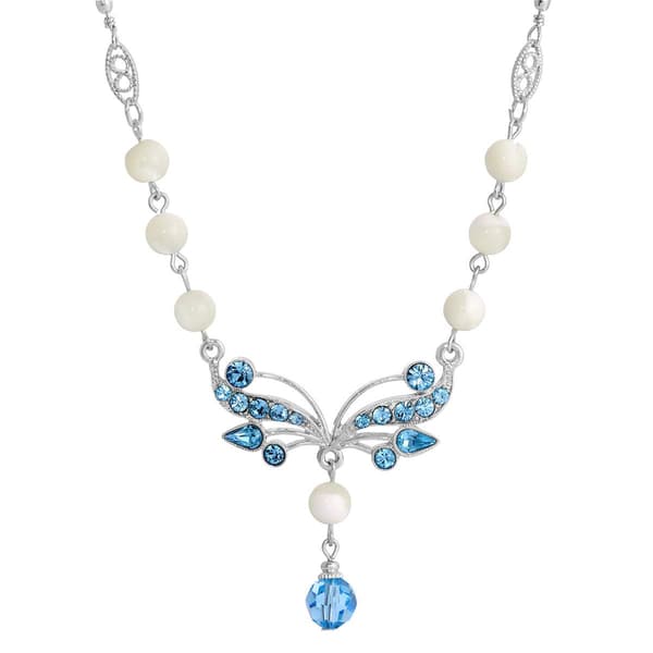 1928 Silver Tone Aqua & Mother Of Pearl Necklace - image 