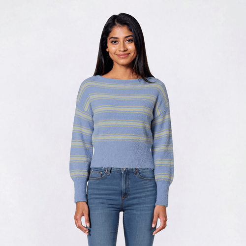 Juniors Pink Rose Wide Neck Stripe Sweater - image 