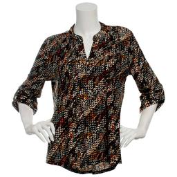 Womens Notations 3/4 Sleeve Jacquard Pintuck 1/2 Button Blouse