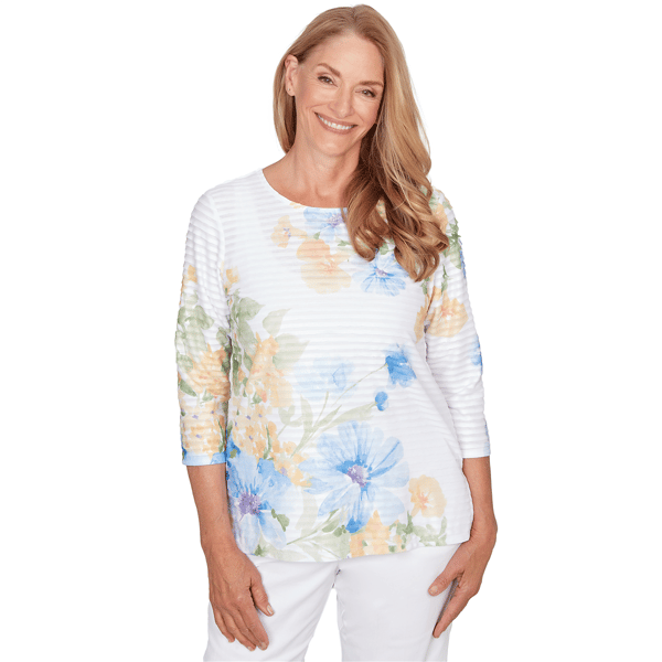 Womens Alfred Dunner Classics 3/4 Sleeve Floral Stripe Blouse