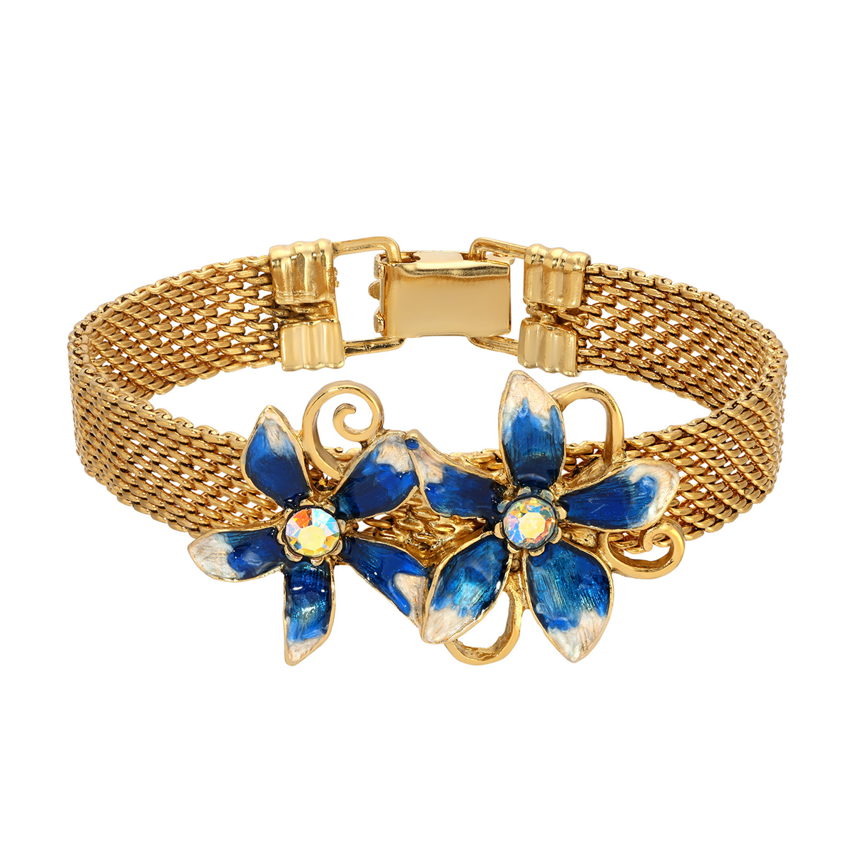 1928 Jewelry Blue Enamel AB Crystal Flower Bracelet