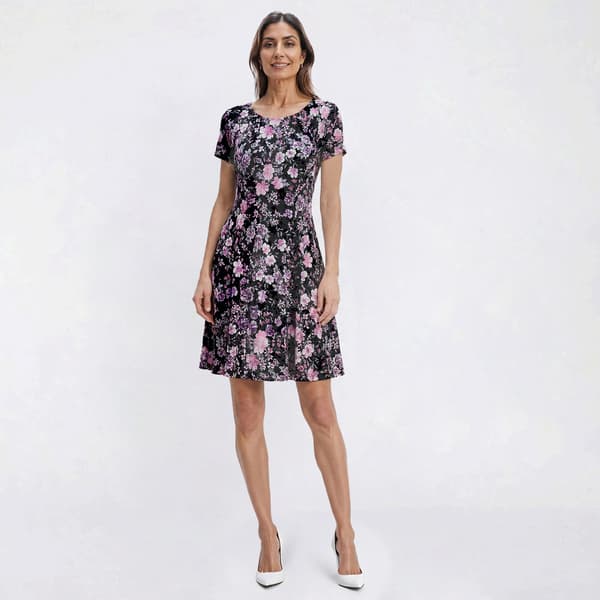 Petite Connected Apparel Short Sleeve Floral Pocket A-Line Dress