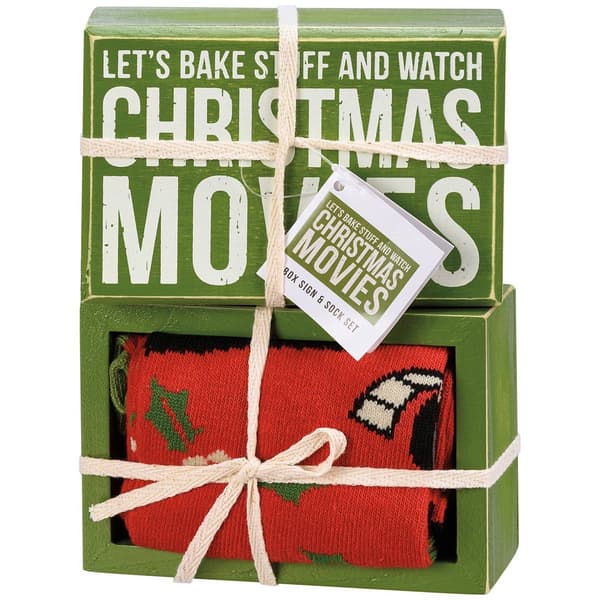 Primitives By Kathy Christmas Movies Box Sign & Socks Set - image 