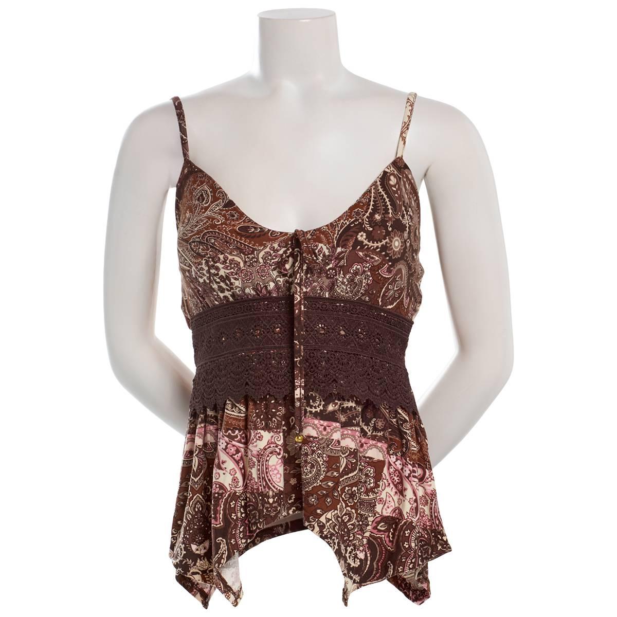 Juniors Derek Heart Mix Print Crochet Hanky Hem Camisole - Brown