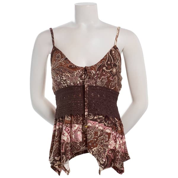 Juniors Derek Heart Mix Print Crochet Hanky Hem Camisole - Brown - image 