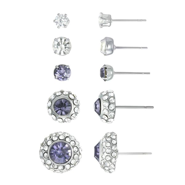 Roman 5pr. Silver-Tone Amethyst & Clear Crystal Stud Earrings Set - image 