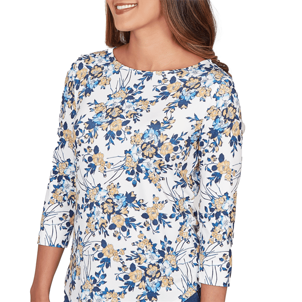 Womens Emaline Key Items 3/4 Sleeve Boat Neck Floral Tee