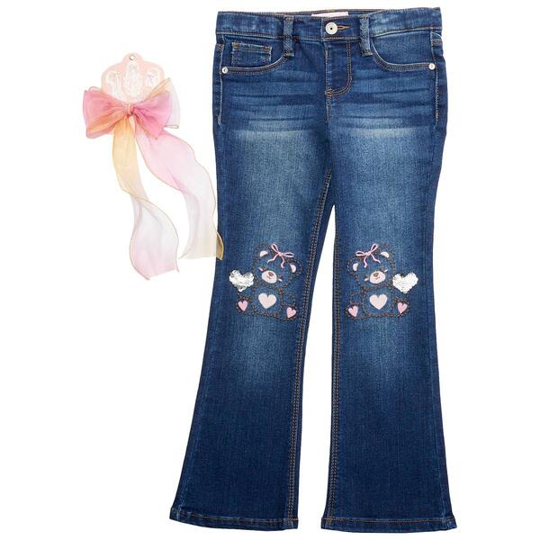 Girls&#40;4-6x&#41; Squeeze Embroidered & Sequin Teddy Bear Flare Jeans - image 