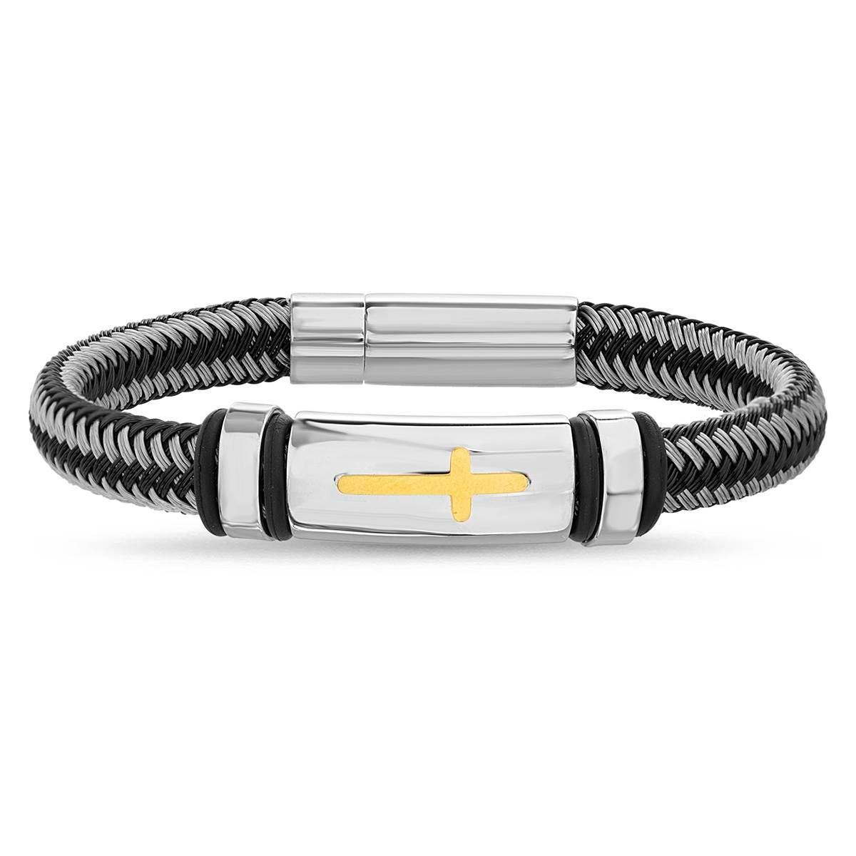 Mens Creed Stainless Steel Braided ID Bangle with Cross