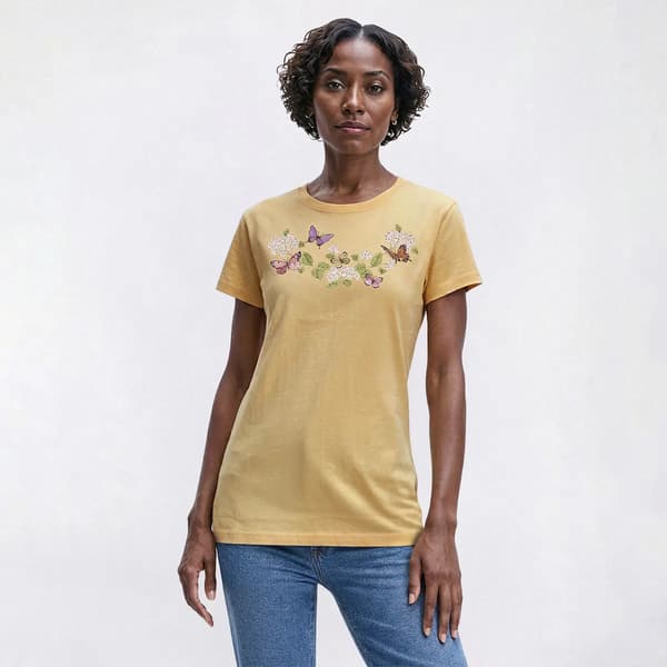 Womens Top Stitch By Morning Sun Butterfly Garden Tee - image 