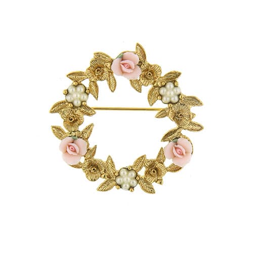 Signature 1928 Porcelain Rose Wreath Pin - image 