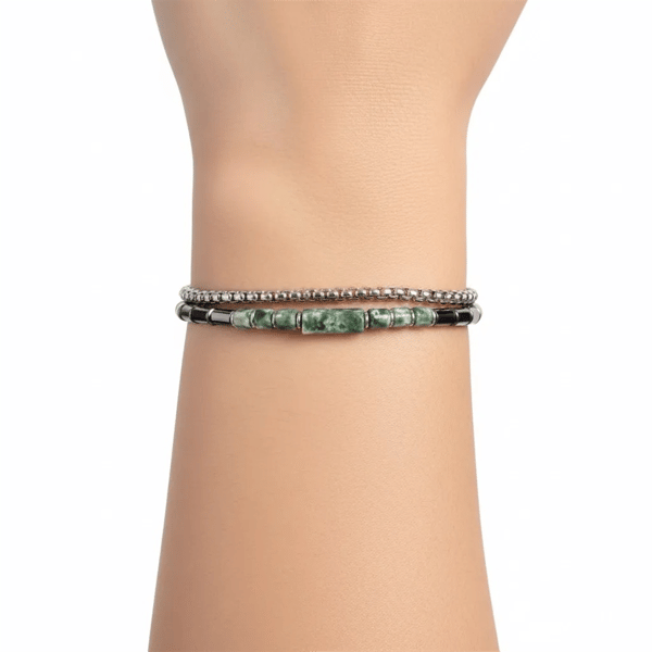 Mens Iron Saints Green Hematite Bead Multi Strand Bracelet