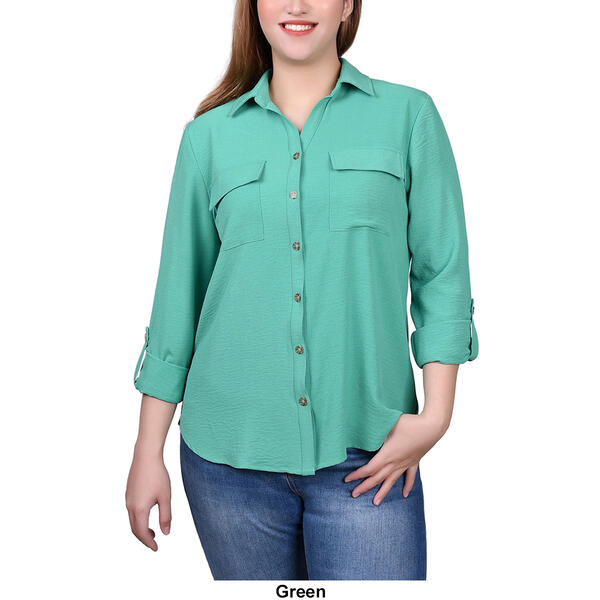 Womens NY Collection 3/4 Roll Sleeve Airflow Casual Button Down