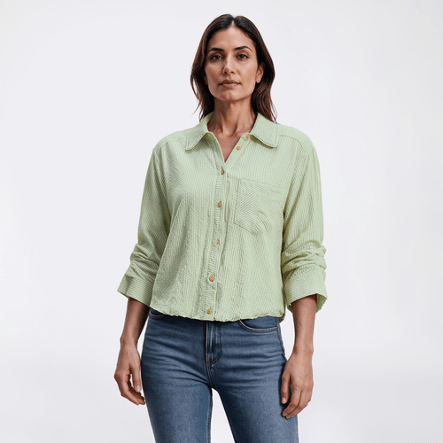 Womens Democracy 3/4 Tucked Sleeve Button Front Blouse