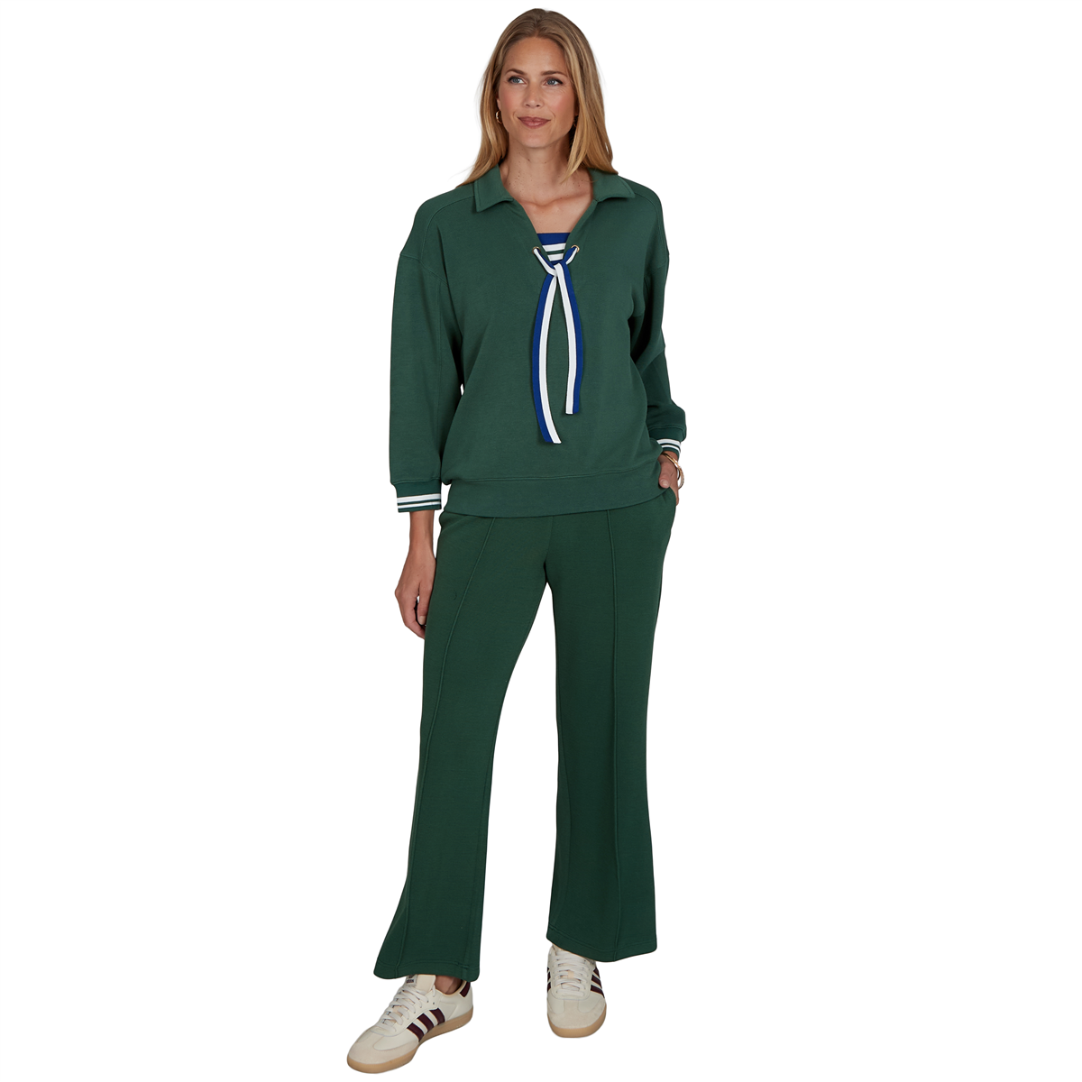 Petite Ruby Rd. Game of Luxe Stripe Trim Sweatshirt