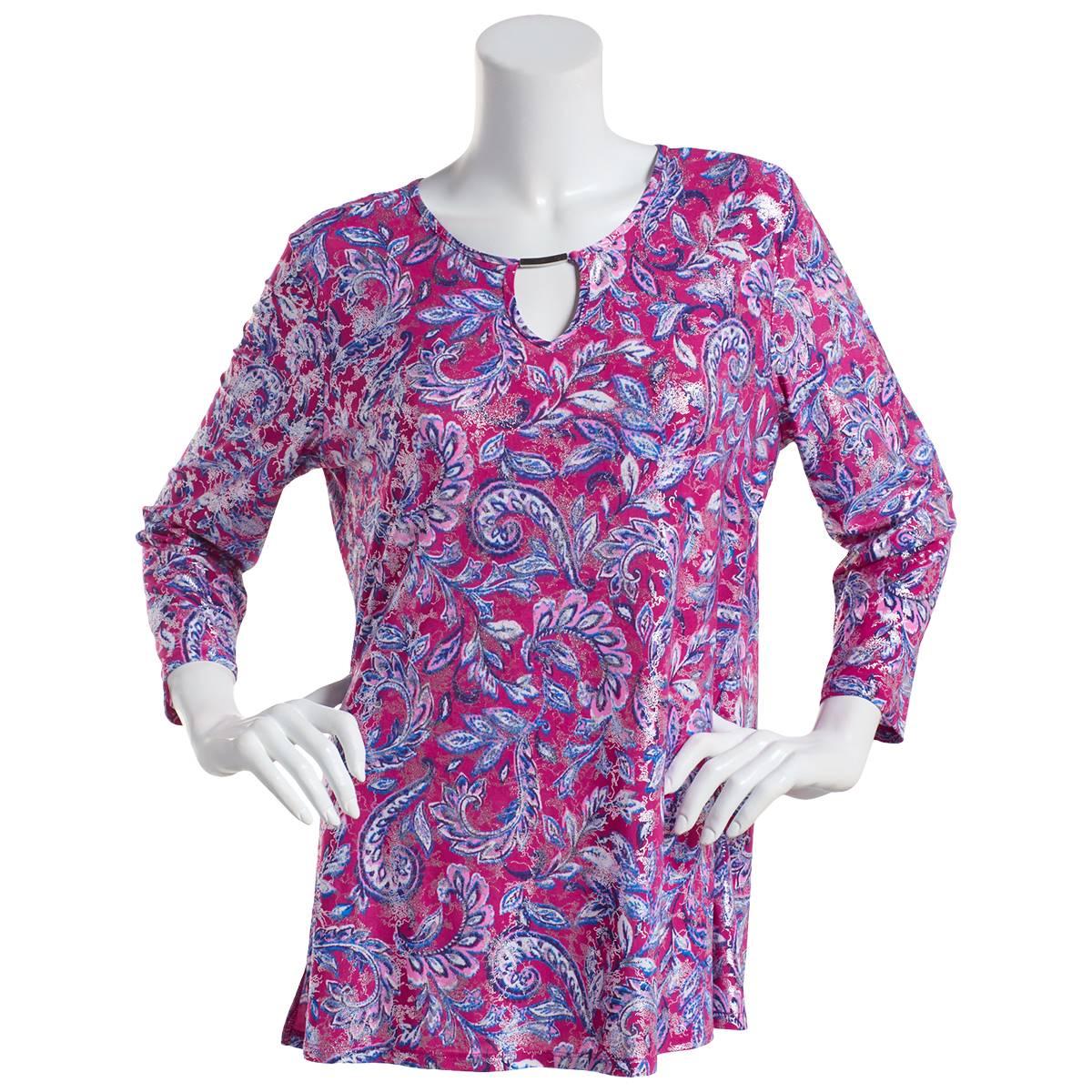 Womens Emily Daniels 3/4 Sleeve Foil Paisley Bar Neck Blouse