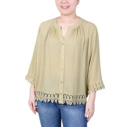 Womens NY Collection 3 Quarter Sleeve Button Down With Lace Hem