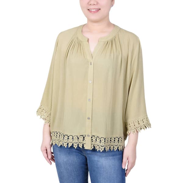 Womens NY Collection 3 Quarter Sleeve Button Down With Lace Hem - image 