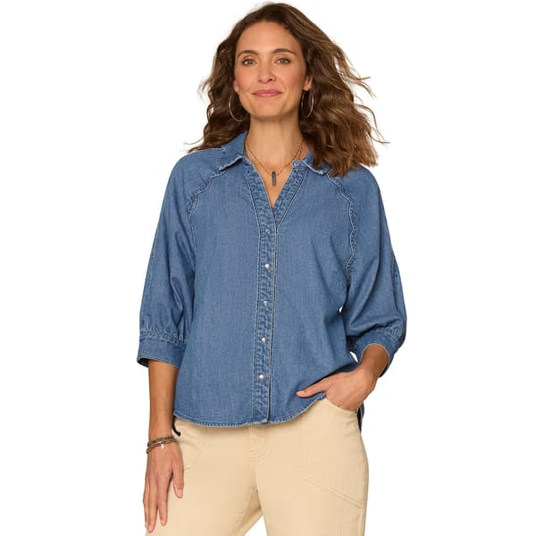 Womens Democracy Below Elbow Sleeve, Snap Button Down Denim Shirt - image 