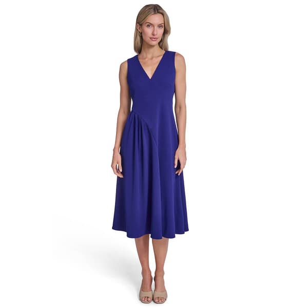 Womens Calvin Klein Sleeveless V Neck Asymmetric Pleat Crepe Dre
