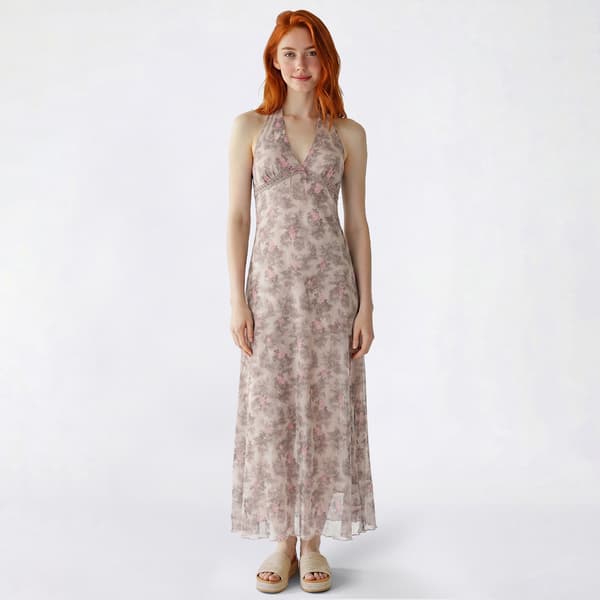 Juniors Pink Rose Floral Mesh Empire Waist Halter Maxi Dress - image 