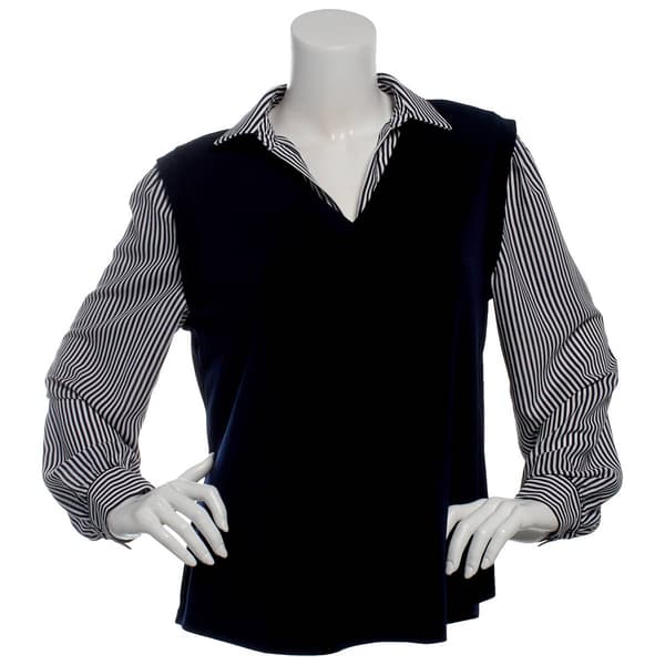 Womens Adrianna Papell Long Sleeve Flange Pinstripe 2Fer Blouse