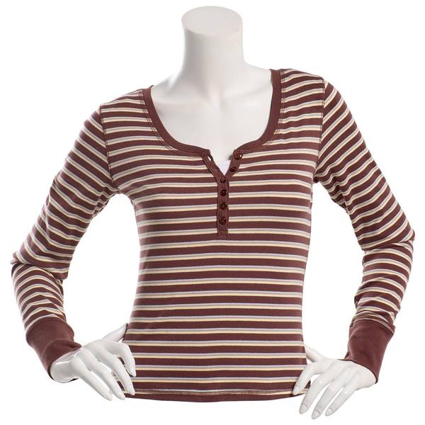 Juniors Pink Rose Long Sleeve Stripe Button Up Henley Top - image 
